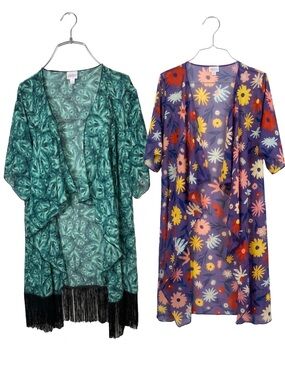 LuLaRoe aqua wolf print Fringe & Purple Floral Sheer kimonos (2)